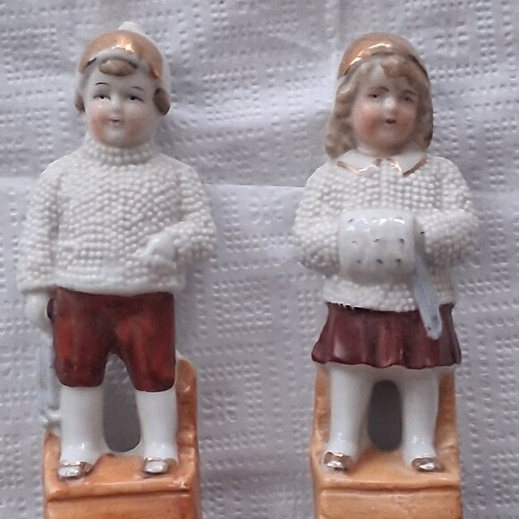 Antique German Porcelain Boy & Girl Snow Babies Nubbly Jackets Figurines 1910's - Picture 2 of 7